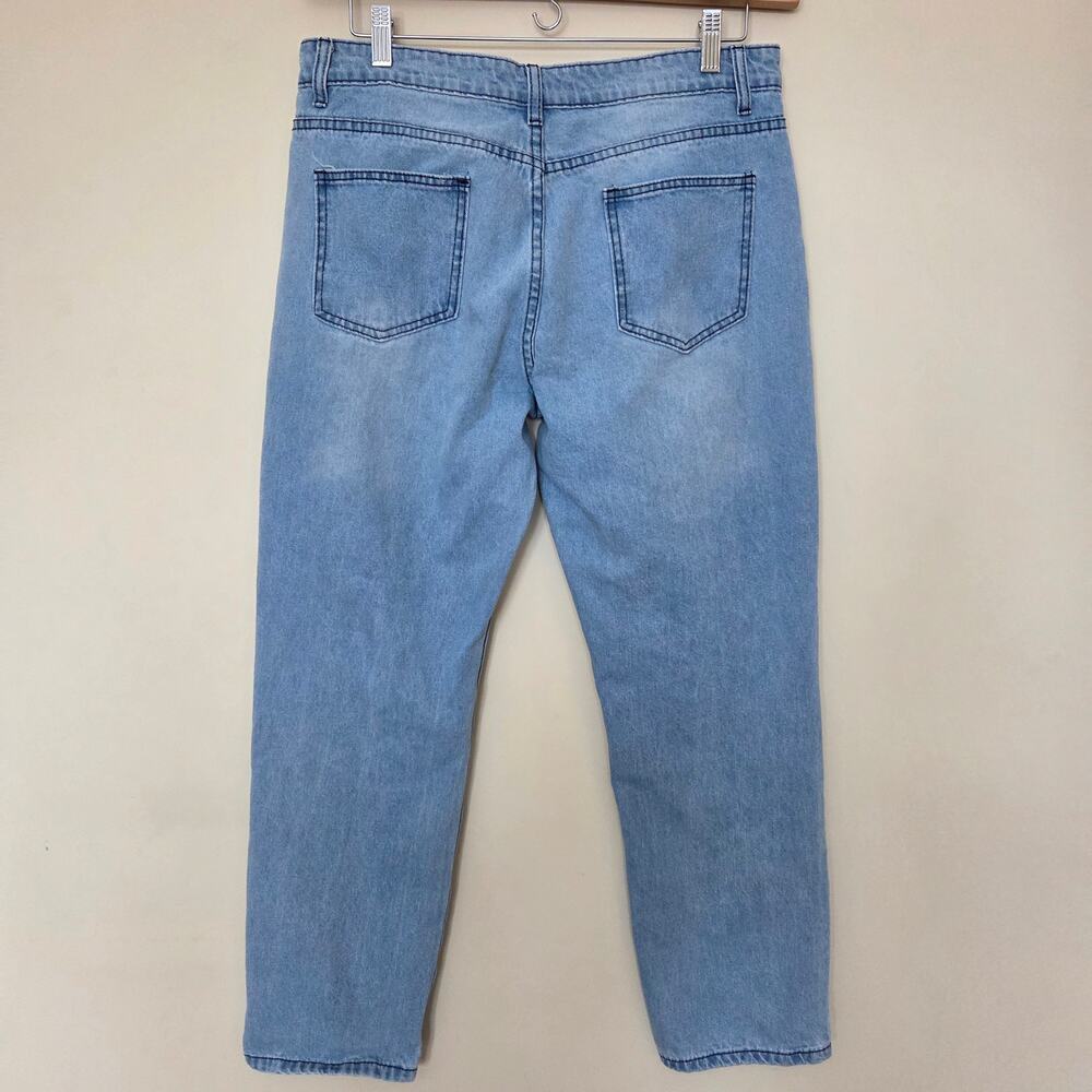 Misslook XL Distressed Denim Floral Painted Artsy Hippie Boho Straight Leg Jeans - Picture 2 of 11